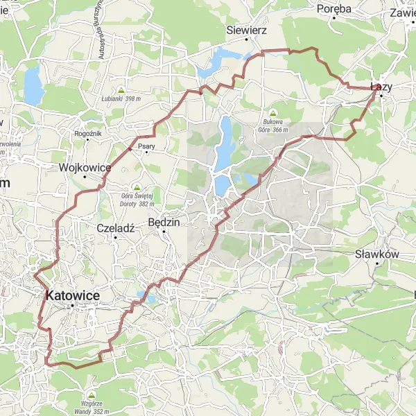 Map miniature of "The Gravel Mountain Challenge" cycling inspiration in Śląskie, Poland. Generated by Tarmacs.app cycling route planner
