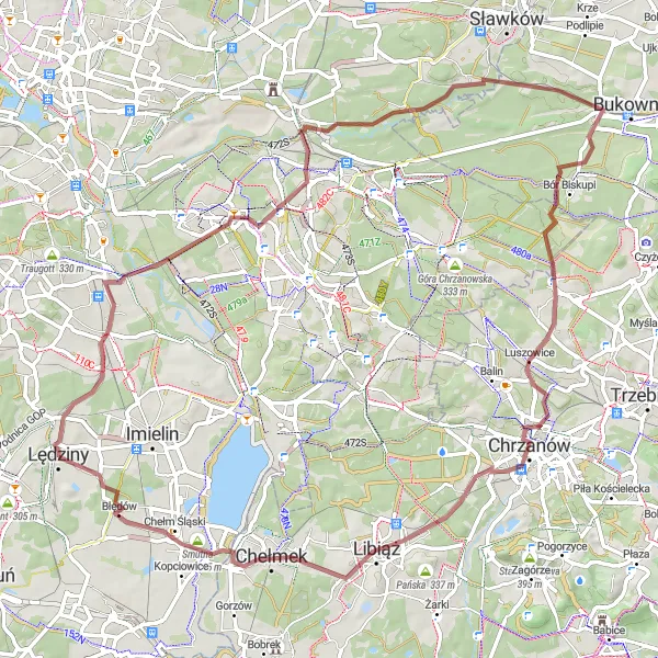 Map miniature of "Exploring the Gravel Paths of Kępa and Skała" cycling inspiration in Śląskie, Poland. Generated by Tarmacs.app cycling route planner
