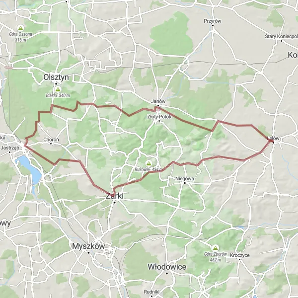 Map miniature of "Explore the Wilderness near Lelów" cycling inspiration in Śląskie, Poland. Generated by Tarmacs.app cycling route planner