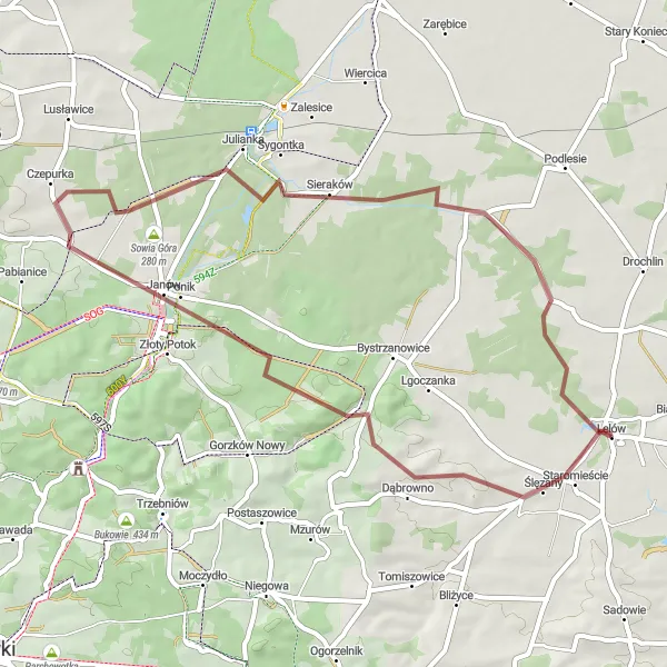 Map miniature of "Okrąglica and Janów Loop" cycling inspiration in Śląskie, Poland. Generated by Tarmacs.app cycling route planner