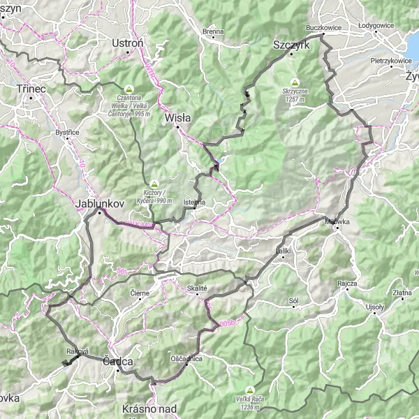 Map miniature of "The Spectacular Beskid Mountains Road Trip" cycling inspiration in Śląskie, Poland. Generated by Tarmacs.app cycling route planner