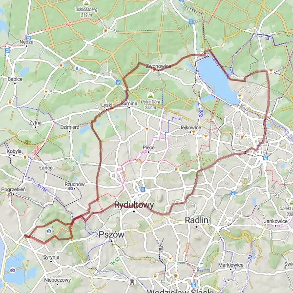 Map miniature of "Discovering Lubomia's Natural Wonders" cycling inspiration in Śląskie, Poland. Generated by Tarmacs.app cycling route planner