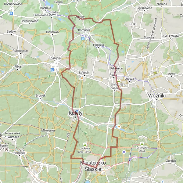 Miniatura mapy "Trasa Gravelowa: Miasteczko Śląskie - Wiatrak na wyspie" - trasy rowerowej w Śląskie, Poland. Wygenerowane przez planer tras rowerowych Tarmacs.app