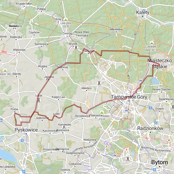 Map miniature of "Miasteczko Śląskie Gravel Loop via Jasiowa Góra" cycling inspiration in Śląskie, Poland. Generated by Tarmacs.app cycling route planner