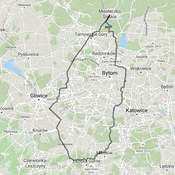 Map miniature of "Miasteczko Śląskie Loop via Nowe Chechło" cycling inspiration in Śląskie, Poland. Generated by Tarmacs.app cycling route planner