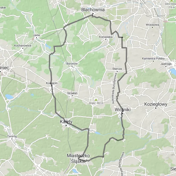 Map miniature of "Miasteczko Śląskie Loop via Kalety" cycling inspiration in Śląskie, Poland. Generated by Tarmacs.app cycling route planner