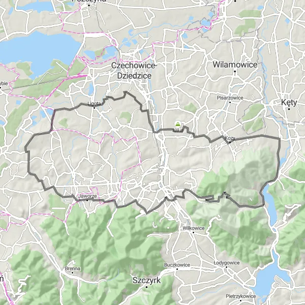 Map miniature of "Limestone switchbacks and a historic palace" cycling inspiration in Śląskie, Poland. Generated by Tarmacs.app cycling route planner