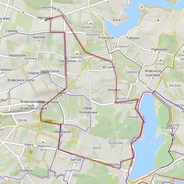 Map miniature of "Ostra Góra and Zbiornik Kuźnica Warężyńska Gravel Loop" cycling inspiration in Śląskie, Poland. Generated by Tarmacs.app cycling route planner