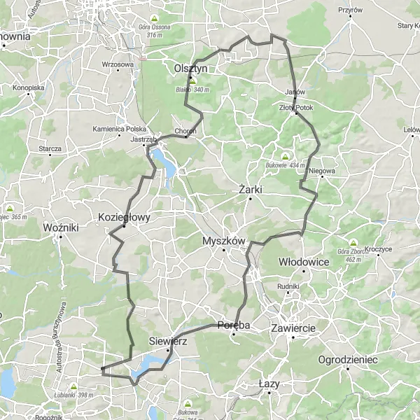 Map miniature of "Mierzęcice to Pyrzowice Scenic Route" cycling inspiration in Śląskie, Poland. Generated by Tarmacs.app cycling route planner