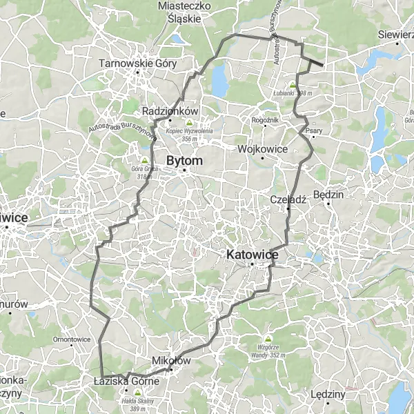Map miniature of "Mierzęcice to Pyrzowice Loop" cycling inspiration in Śląskie, Poland. Generated by Tarmacs.app cycling route planner