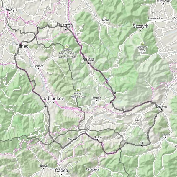 Map miniature of "Sól-Kiczora and Beyond" cycling inspiration in Śląskie, Poland. Generated by Tarmacs.app cycling route planner