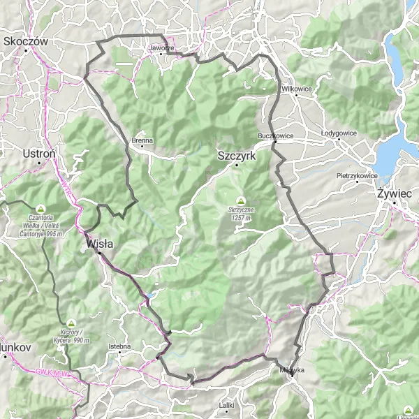 Map miniature of "Scenic Beskidy Loop" cycling inspiration in Śląskie, Poland. Generated by Tarmacs.app cycling route planner