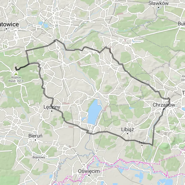 Miniatura mapy "Trasa szosowa z podjazdami w okolicach Murcki" - trasy rowerowej w Śląskie, Poland. Wygenerowane przez planer tras rowerowych Tarmacs.app