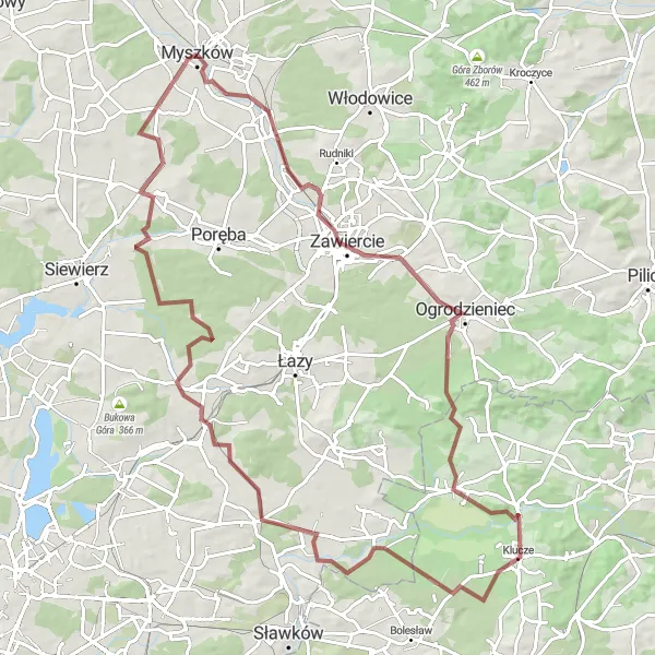 Miniatura mapy "Trasa Gravelowa Zawiercie - Góra Będuska" - trasy rowerowej w Śląskie, Poland. Wygenerowane przez planer tras rowerowych Tarmacs.app