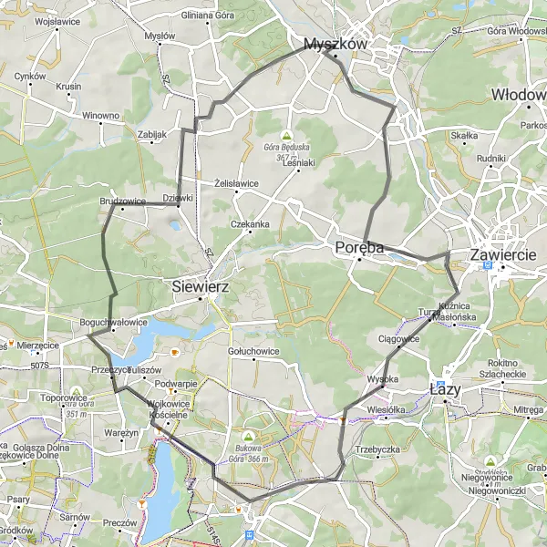 Map miniature of "The Road Less Traveled" cycling inspiration in Śląskie, Poland. Generated by Tarmacs.app cycling route planner