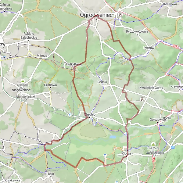 Map miniature of "Ryczówek-Klucze-Czubatka-Dąbrówka-Chechło-Ogrodzieniec Castle" cycling inspiration in Śląskie, Poland. Generated by Tarmacs.app cycling route planner