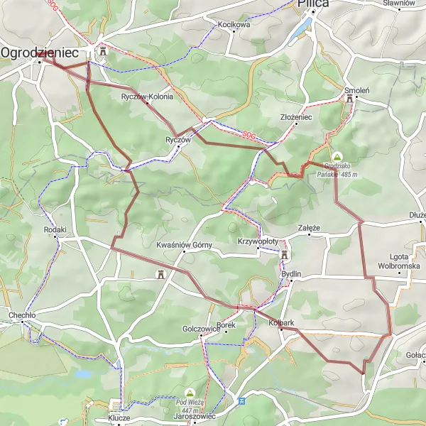 Map miniature of "Ryczów-Grodzisko Pańskie-Kolbark-Ogrodzieniec Castle" cycling inspiration in Śląskie, Poland. Generated by Tarmacs.app cycling route planner