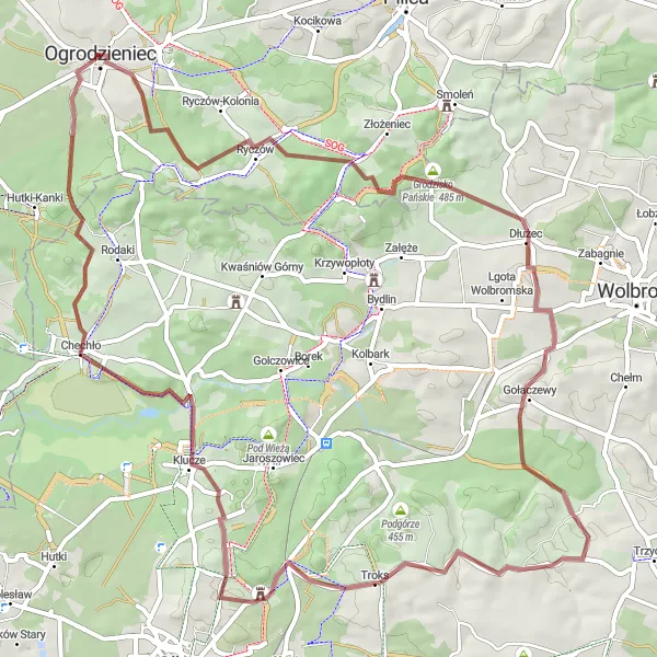 Map miniature of "Ryczów-Grodzisko Pańskie-Gołaczewy-Jangrot-Winnica-Klucze-Dąbrówka-Chechło-Ogrodzieniec Castle" cycling inspiration in Śląskie, Poland. Generated by Tarmacs.app cycling route planner
