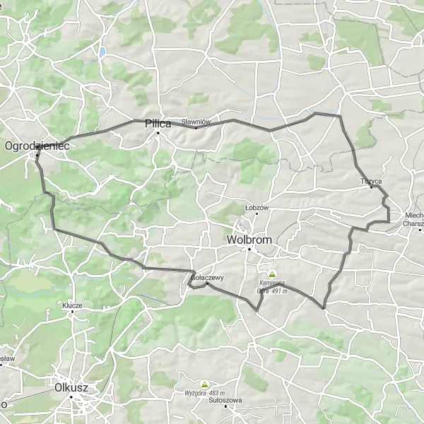 Map miniature of "Góra Zamkowa-Pilica-Żarnowiec-Kamienna Góra-Gołaczewy-Kwaśniów Górny-Świniuszka" cycling inspiration in Śląskie, Poland. Generated by Tarmacs.app cycling route planner