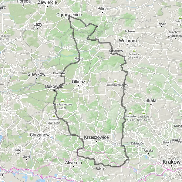 Map miniature of "A Journey through Ancient Ruins and Natural Beauty" cycling inspiration in Śląskie, Poland. Generated by Tarmacs.app cycling route planner