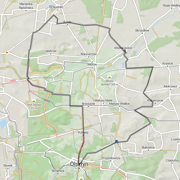 Miniatura mapy "Przejażdżka Szosowa wokół Kłobukowice" - trasy rowerowej w Śląskie, Poland. Wygenerowane przez planer tras rowerowych Tarmacs.app