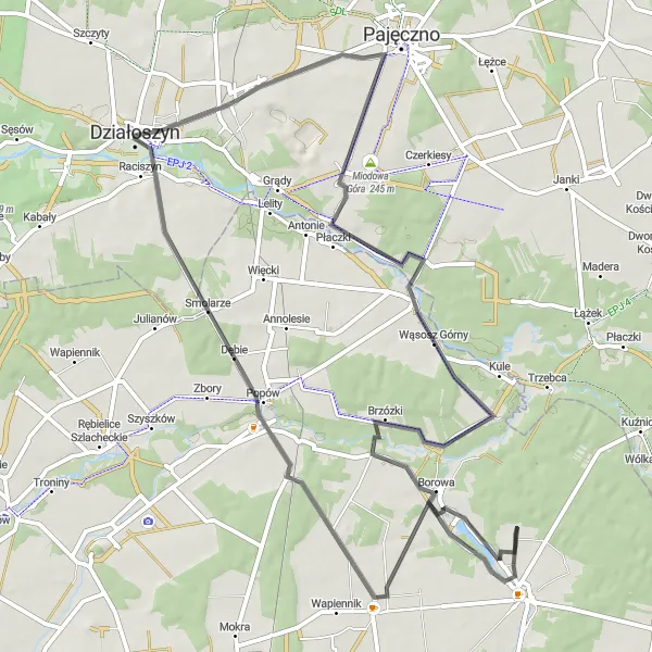 Map miniature of "Ostrowy nad Okszą - Miedźno Loop" cycling inspiration in Śląskie, Poland. Generated by Tarmacs.app cycling route planner