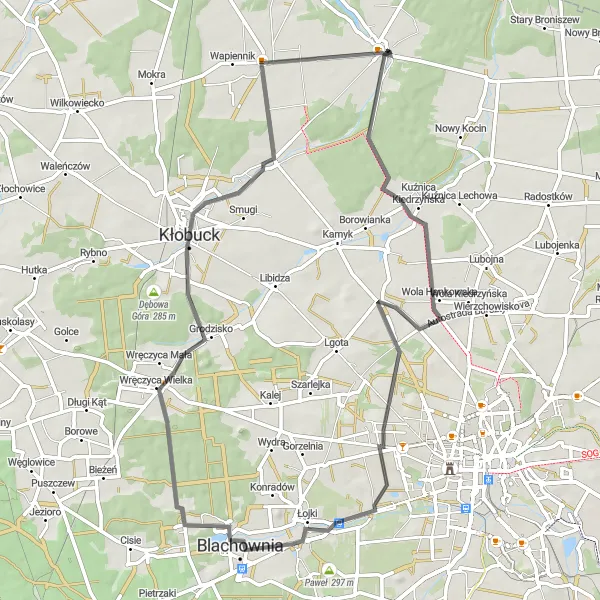 Map miniature of "Ostrowy nad Okszą to Kłobuck Loop" cycling inspiration in Śląskie, Poland. Generated by Tarmacs.app cycling route planner