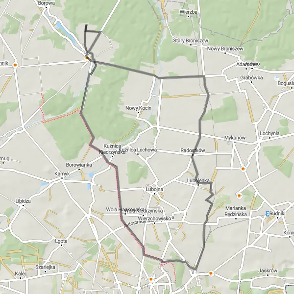 Miniatura mapy "Krótka trasa szosowa przez Radostków i Czarny Las" - trasy rowerowej w Śląskie, Poland. Wygenerowane przez planer tras rowerowych Tarmacs.app