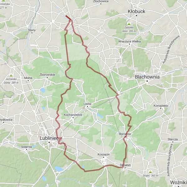 Map miniature of "Olszyna to Jawornica Gravel Route" cycling inspiration in Śląskie, Poland. Generated by Tarmacs.app cycling route planner