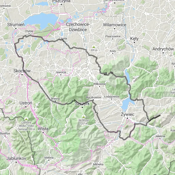 Map miniature of "Epic road cycling tour in Pewel Ślemieńska" cycling inspiration in Śląskie, Poland. Generated by Tarmacs.app cycling route planner