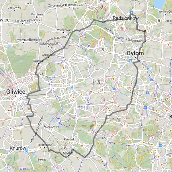 Map miniature of "Historical Road Journey" cycling inspiration in Śląskie, Poland. Generated by Tarmacs.app cycling route planner