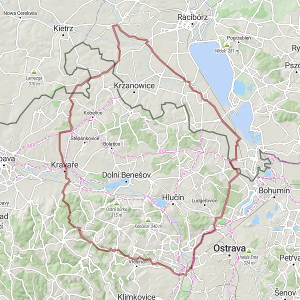 Map miniature of "Gravel Route to Pietrowice Wielkie" cycling inspiration in Śląskie, Poland. Generated by Tarmacs.app cycling route planner