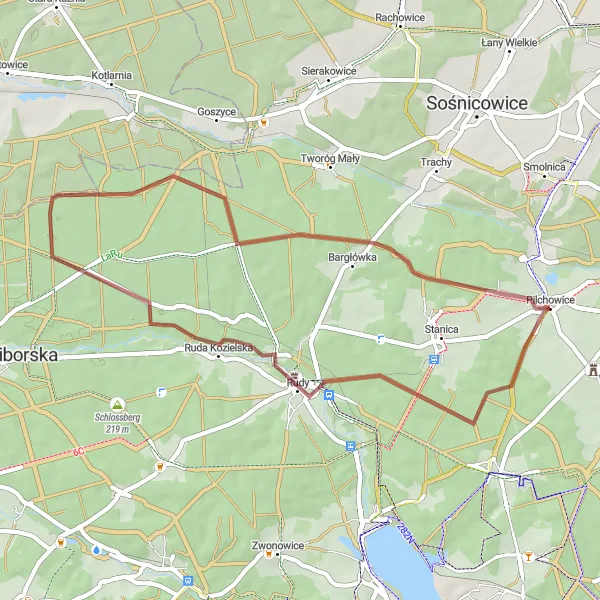 Miniatura mapy "Trasa Gravelowa Bargłówka - Pilchowice" - trasy rowerowej w Śląskie, Poland. Wygenerowane przez planer tras rowerowych Tarmacs.app