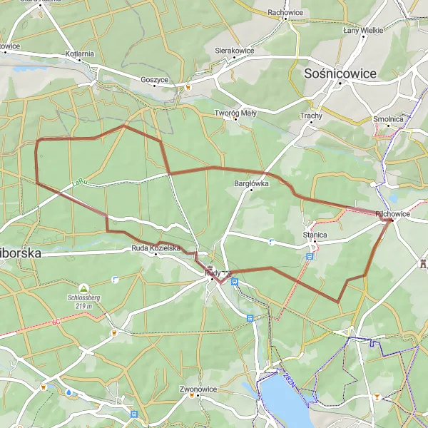 Map miniature of "Pilchowice Gravel Loop" cycling inspiration in Śląskie, Poland. Generated by Tarmacs.app cycling route planner