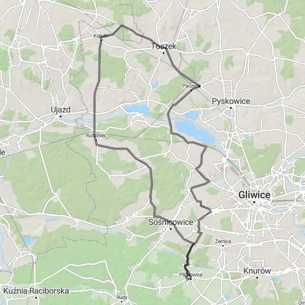 Map miniature of "Scenic Road Loop to Kozłów" cycling inspiration in Śląskie, Poland. Generated by Tarmacs.app cycling route planner