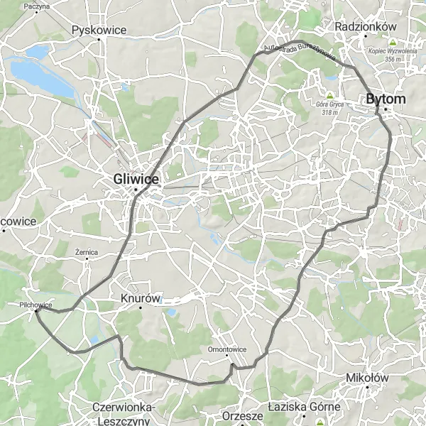 Map miniature of "The Road Less Traveled" cycling inspiration in Śląskie, Poland. Generated by Tarmacs.app cycling route planner