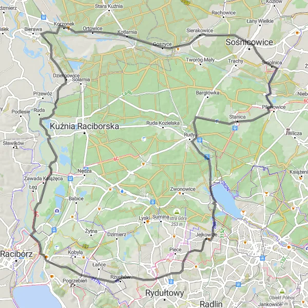 Map miniature of "The Road to Turze" cycling inspiration in Śląskie, Poland. Generated by Tarmacs.app cycling route planner