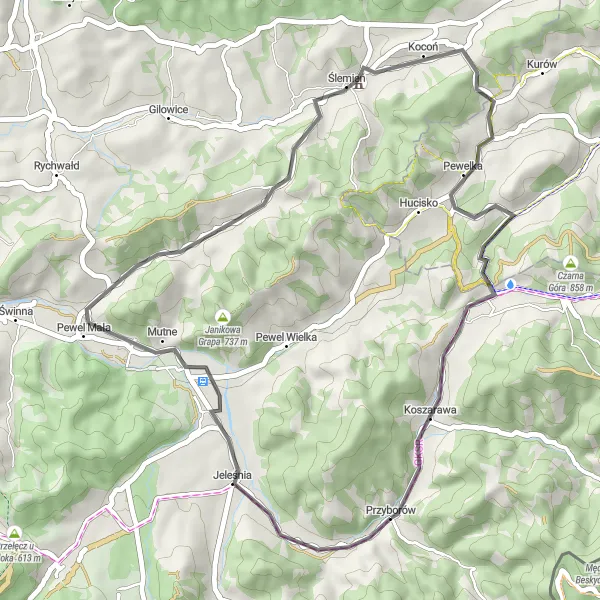 Miniatura mapy "Trasa Szosowa przez Beskidy" - trasy rowerowej w Śląskie, Poland. Wygenerowane przez planer tras rowerowych Tarmacs.app