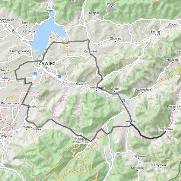 Miniatura mapy "Trasa Szosowa przez Beskidy Zachodnie" - trasy rowerowej w Śląskie, Poland. Wygenerowane przez planer tras rowerowych Tarmacs.app