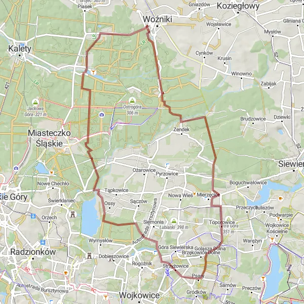 Map miniature of "Gravel Adventure to Mocna Góra: Explore the Wilderness of Psary" cycling inspiration in Śląskie, Poland. Generated by Tarmacs.app cycling route planner