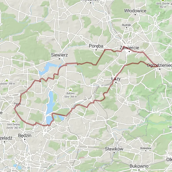 Map miniature of "Psary Gravel Adventure" cycling inspiration in Śląskie, Poland. Generated by Tarmacs.app cycling route planner