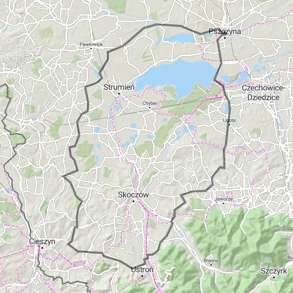 Map miniature of "Around Pszczyna Castle and Mountain Views" cycling inspiration in Śląskie, Poland. Generated by Tarmacs.app cycling route planner