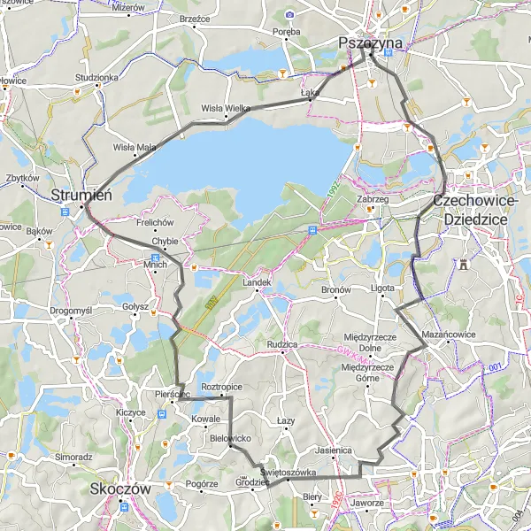 Map miniature of "Nature and History in the Pszczyna Region" cycling inspiration in Śląskie, Poland. Generated by Tarmacs.app cycling route planner