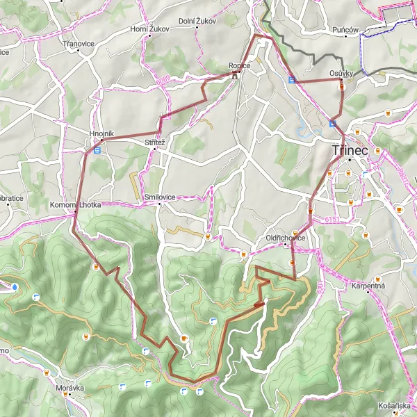 Miniatura mapy "Trasa gravelowa przez Třinec i Osůvky" - trasy rowerowej w Śląskie, Poland. Wygenerowane przez planer tras rowerowych Tarmacs.app