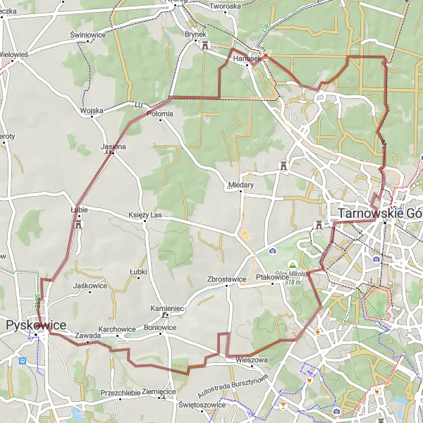 Map miniature of "Pyskowice - Góra Józefa - Jasiona - Hanusek - Tylina - Dzwonnica Gwarków - Wieszowa - Zawada - Pyskowice" cycling inspiration in Śląskie, Poland. Generated by Tarmacs.app cycling route planner