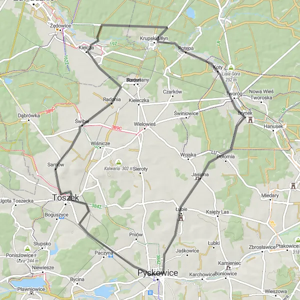 Map miniature of "Pyskowice - Pisarzowice - Sarnowska Góra - Kielcza - Potępa - Jasiona - Góra Józefa - Pyskowice" cycling inspiration in Śląskie, Poland. Generated by Tarmacs.app cycling route planner