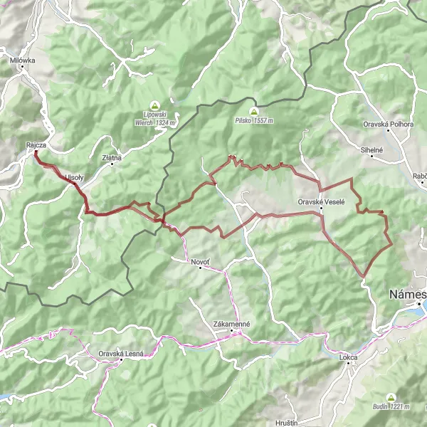 Map miniature of "Adventurous Gravel Odyssey: Ujsoły and Mútne" cycling inspiration in Śląskie, Poland. Generated by Tarmacs.app cycling route planner