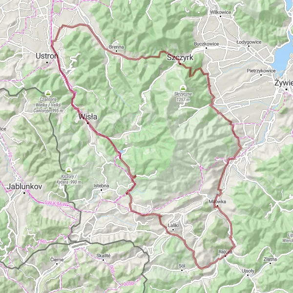 Miniatura mapy "Trasa gravelowa przez Zadni Groń i Żar" - trasy rowerowej w Śląskie, Poland. Wygenerowane przez planer tras rowerowych Tarmacs.app