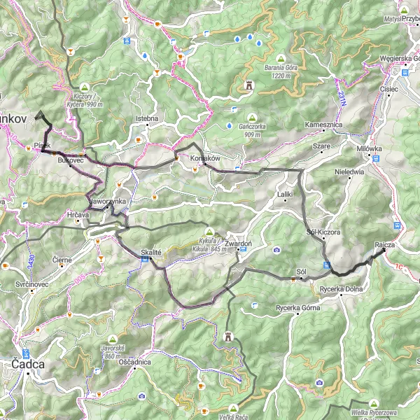 Map miniature of "Rajcza Centrum and Koniaków Loop" cycling inspiration in Śląskie, Poland. Generated by Tarmacs.app cycling route planner