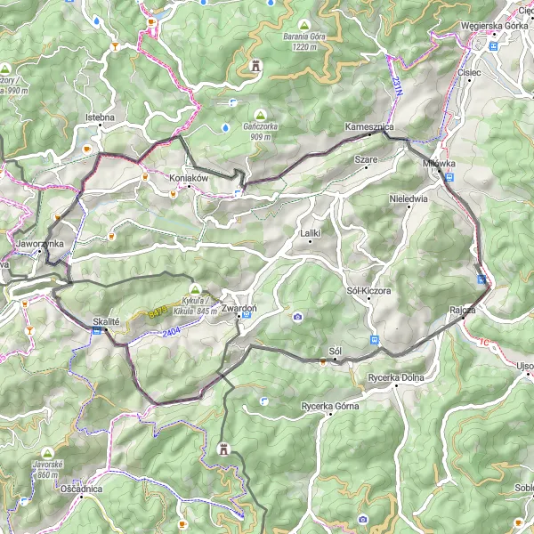 Map miniature of "Sól and Koczy Zamek Loop" cycling inspiration in Śląskie, Poland. Generated by Tarmacs.app cycling route planner